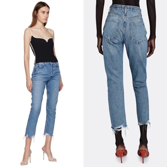 AGOLDE 90s High Rise Distressed Button Fly Raw Hem Ankle Crop Straight Jeans 26 - Picture 4 of 10